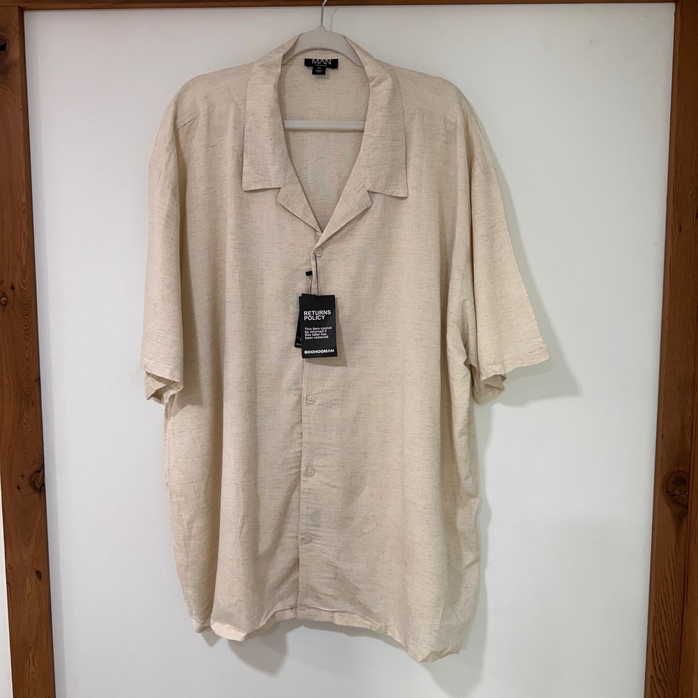boohooMAN Linen Look Short Sleeve Shirt Mens 4XL Natural Beige | Coastal Boho‎